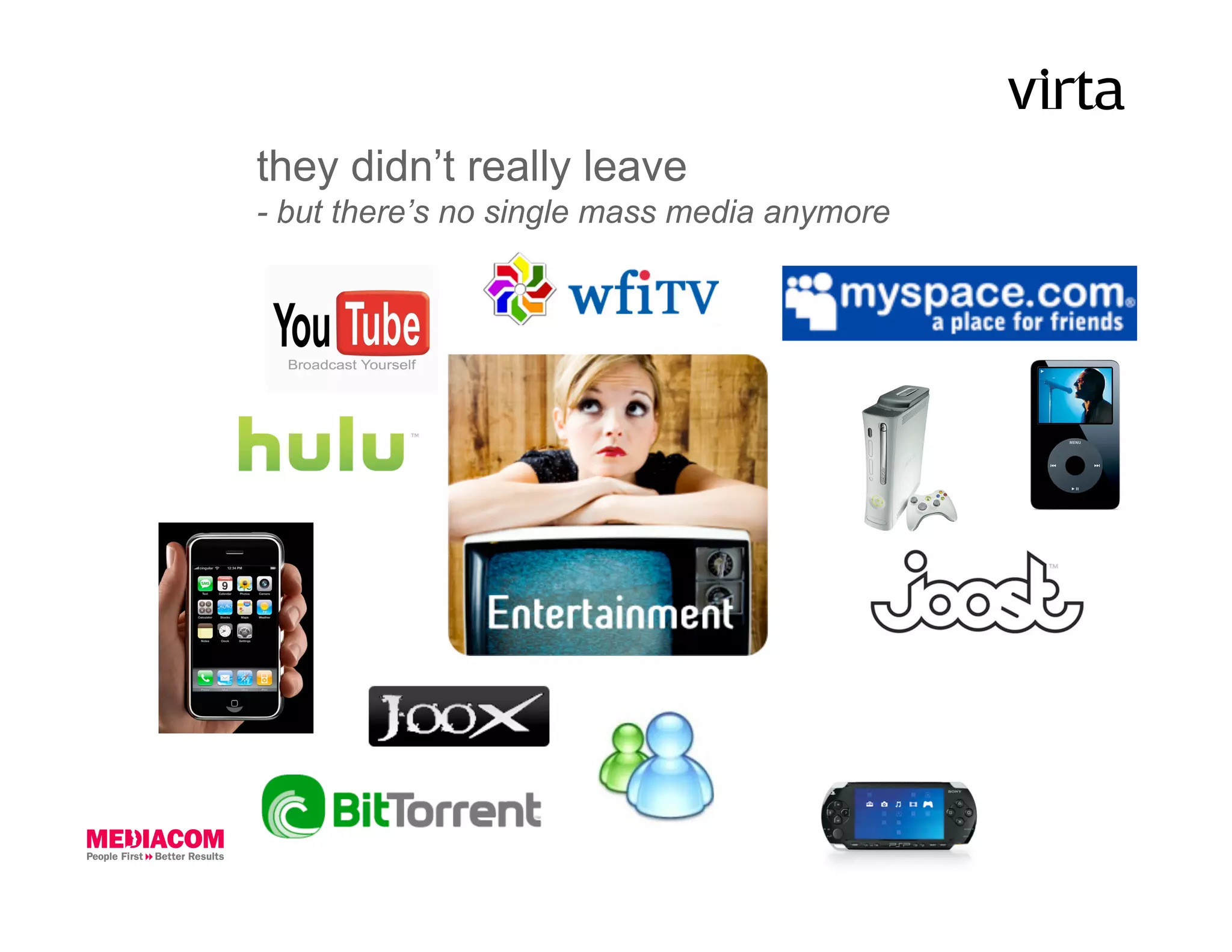 they didn’t really leave
- but there’s no single mass media anymore
 