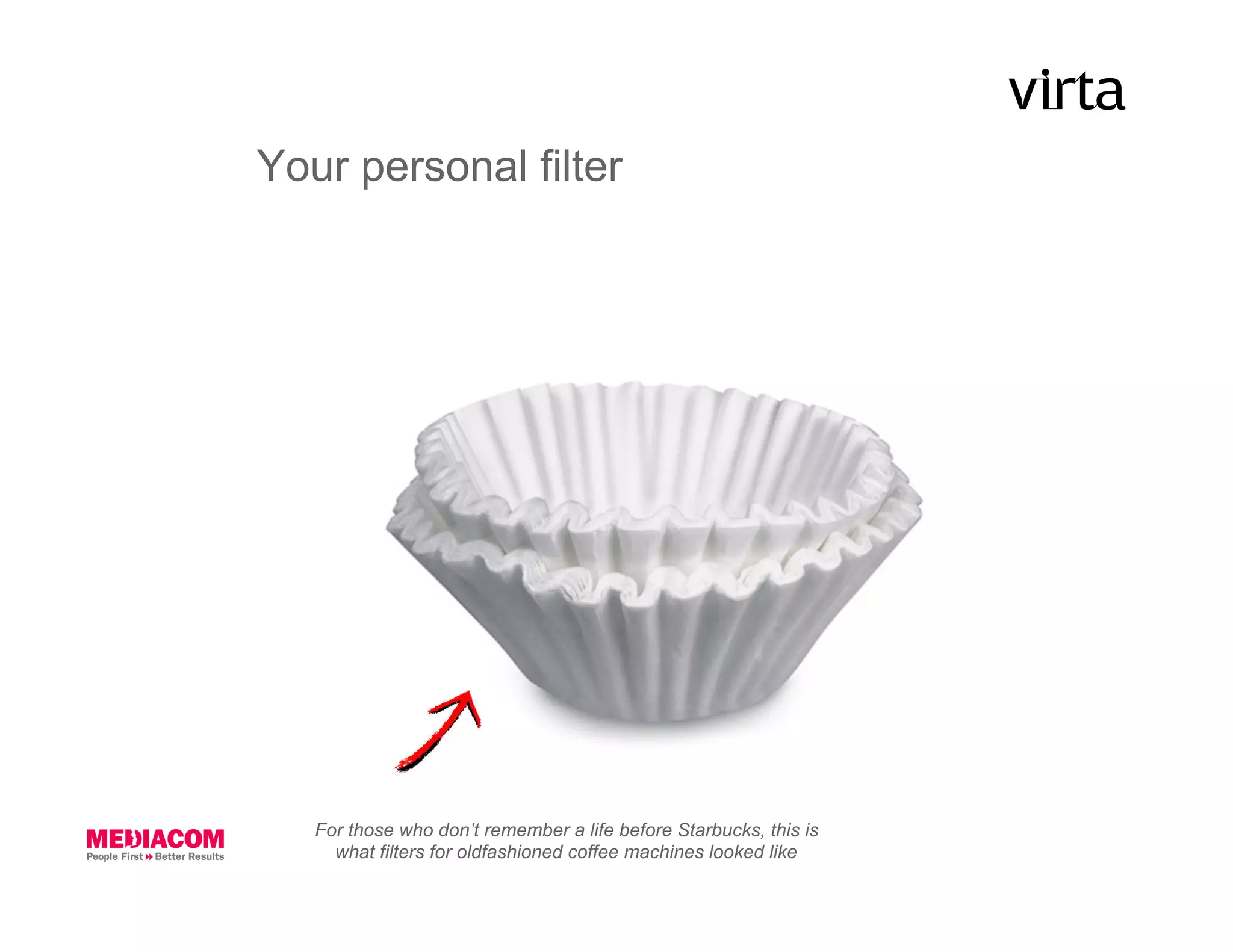 Your personal filter




   For those who don’t remember a life before Starbucks, this is
     what filters for oldfashioned coffee machines looked like
 
