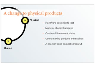 A change to physical products
          P   Physical
                         ‣   Hardware designed to last

                         ‣   Modular physical updates

                         ‣   Continual firmware updates

                         ‣   Users making products themselves
  H
                         ‣   A counter-trend against screen UI
Human
 