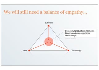 We will still need a balance of empathy...

                    Business



                               Successful products and services
                               Great brand/user experience
                               Great design




         Users                       Technology
 