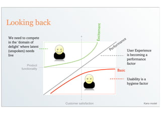 Looking back




                                                 Excitement
We need to compete                  +
                                                                             e
in the ‘domain of                                                       a nc
                                                                    rm
delight’ where latent                                           rfo
(unspoken) needs                                              Pe                 User Experience
live                                                                             is becoming a
                                                                                 performance
             Product
                                                                                 factor
         functionality
                                                                    Basic

                                                                                 Usability is a
                                                                                 hygiene factor



                                   -
                         Customer satisfaction                                              Kano model
 