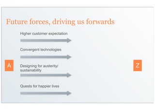 Future forces, driving us forwards
    Higher customer expectation



    Convergent technologies



A   Designing for austerity/         Z
    sustainability



    Quests for happier lives
 