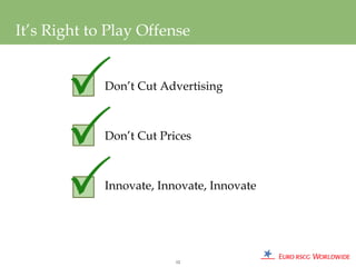 It’s Right to Play Offense


             Don’t Cut Advertising



             Don’t Cut Prices



             Innovate, Innovate, Innovate




                          12
 