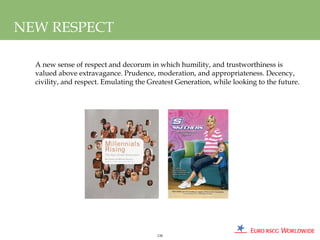 NEW RESPECT

  A new sense of respect and decorum in which humility, and trustworthiness is
  valued above extravagance. Prudence, moderation, and appropriateness. Decency,
  civility, and respect. Emulating the Greatest Generation, while looking to the future.




                                         128
 