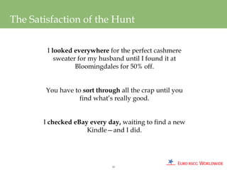 The Satisfaction of the Hunt

        I looked everywhere for the perfect cashmere
           sweater for my husband until I found it at
                  Bloomingdales for 50% off.


        You have to sort through all the crap until you
                   find what’s really good.


       I checked eBay every day, waiting to find a new
                     Kindle—and I did.




                              33
 