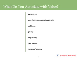 What Do You Associate with Value?

              lowest price


              more for the same price/added value


              multi-uses


              quality


              long-lasting


              great service


              guarantee/warranty



                              36
 