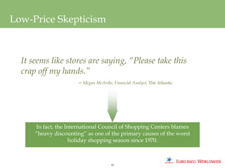 Low-Price Skepticism



  It seems like stores are saying, “Please take this
  crap off my hands.”
                      —Megan McArdle, Financial Analyst, The Atlantic




      In fact, the International Council of Shopping Centers blames
      “heavy discounting” as one of the primary causes of the worst
                    holiday shopping season since 1970.



                                      42
 