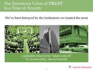 The Enormous Value of TRUST
in a Time of Anxiety

We’ve been betrayed by the institutions we trusted the most




           a palpable need to be “taken care of”
              by trustworthy, decent brands

                             52
 