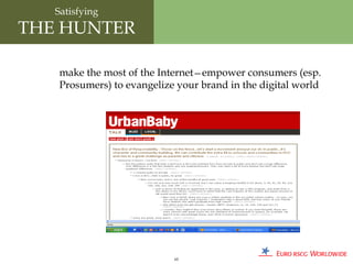 Satisfying
THE HUNTER

   make the most of the Internet—empower consumers (esp.
   Prosumers) to evangelize your brand in the digital world




                           65
 