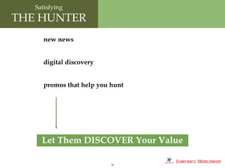 Satisfying
THE HUNTER
      new news


      digital discovery


      promos that help you hunt




     Let Them DISCOVER Your Value

                           70
 