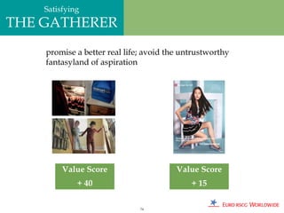Satisfying
THE GATHERER
    promise a better real life; avoid the untrustworthy
    fantasyland of aspiration




         Value Score                    Value Score
             + 40                           + 15

                              74
 