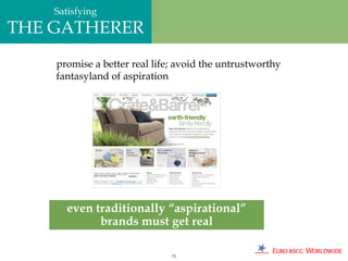 Satisfying
THE GATHERER
    promise a better real life; avoid the untrustworthy
    fantasyland of aspiration




      even traditionally “aspirational”
            brands must get real

                              75
 