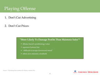 Playing Offense
  1. Don’t Cut Advertising


  2. Don’t Cut Prices



                             “More Likely To Damage Profits Than Maintain Sales”*
                               • dilutes brand’s positioning/value
                               • squeezes bottom line
                               • “difficult to escape downward trend”
                               • offers new entrants a foothold




Source: * Ehrenberg-Bass Institute (B. Sharp); Ananda Roy

                                                                  8
 
