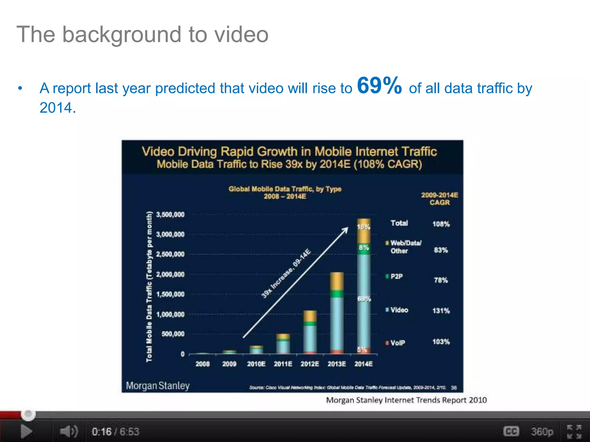 The background to video

•   A report last year predicted that video will rise to 69% of all data traffic by
    2014.
 