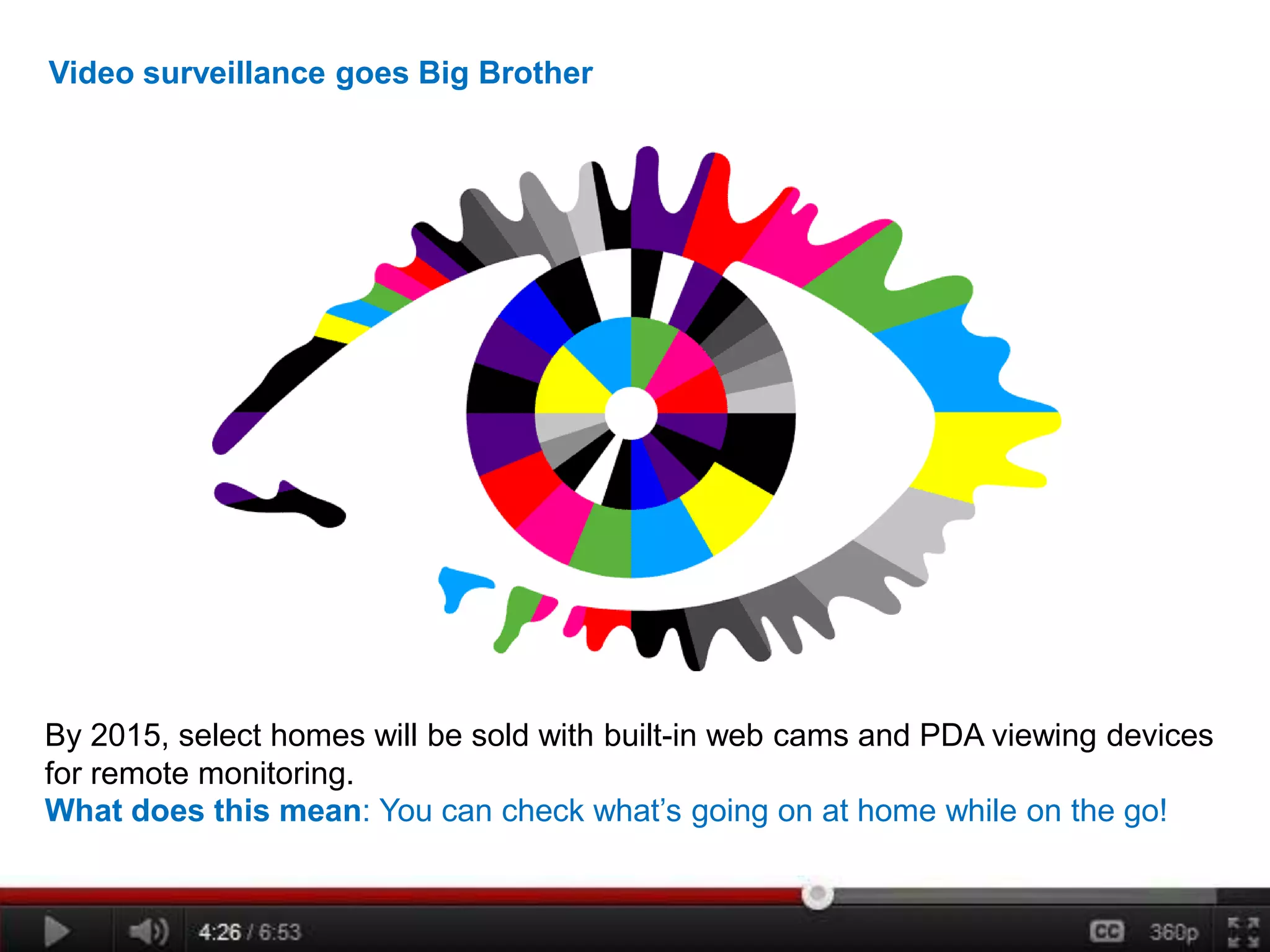 Video surveillance goes Big Brother




By 2015, select homes will be sold with built-in web cams and PDA viewing devices
for remote monitoring.
What does this mean: You can check what’s going on at home while on the go!
 