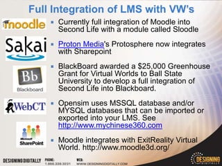    Currently full integration of Moodle into
    Second Life with a module called Sloodle
   Proton Media's Protosphere now integrates
    with Sharepoint
   BlackBoard awarded a $25,000 Greenhouse
    Grant for Virtual Worlds to Ball State
    University to develop a full integration of
    Second Life into Blackboard.
   Opensim uses MSSQL database and/or
    MYSQL databases that can be imported or
    exported into your LMS. See
    http://www.mychinese360.com
   Moodle integrates with ExitReality Virtual
    World. http://www.moodle3d.org/
 