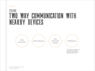 Technology

TREND

TWO WAY COMMUNICATION WITH
NEARBY DEVICES
!

Voice
recognition

Personalization

User
generated
content...