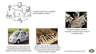 Computer programs can write
newspaper articles and even stories of
a passable quality.
Self Driving Cars: Activity which was
considered extremely complex and
therefore human now being automated.
Robotic melon pickers, that can judge
ripeness of fruit by smell. Similarly robots
to spray pesticide and fertilizers; Robot
shearers tested in Australia.
Complex Supply Chains integrated
and managed by software
ICE, All rights reserved, May 2, 2016
 
