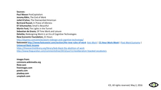 Sources:
Paul Mason PostCapitalism
Jeremy Rikin, The End of Work
Juliet B Schor, The Overworked American
Bertrand Russel, In Praise of Idleness
EF Schumacher, Small is Beautiful
Martin Ford, The Lights in the Tunnel
Sebastian de Grazia, Of Time Work and Leisure
Deloitte, Redesigning Work in an Era of Cognitive Technologies
New Economic Foundation, 21 Hours
http://dupress.com/articles/work-redesign-and-cognitive-technology/
fastcoexist http://www.fastcoexist.com/section/the-new-rules-of-work Anti-Work | 21 Hour Work-Week | Post-Work Economy |
Universal Basic Income
https://theanarchistlibrary.org/library/bob-black-the-abolition-of-work
http://www.theguardian.com/commentisfree/2013/jun/11/neoliberalism-hijacked-vocabulary
Images from:
commons.wikimedia.org
flickr.com
freeimages.com
pexels.com
pixabay.com
unsplash.com
ICE, All rights reserved, May 2, 2016
 