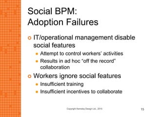 Social BPM:
Adoption Failures
 IT/operational management disable
social features
 Attempt to control workers’ activities
 Results in ad hoc “off the record”
collaboration
 Workers ignore social features
 Insufficient training
 Insufficient incentives to collaborate
Copyright Kemsley Design Ltd., 2015 15
 