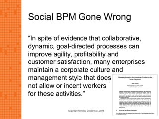 Social BPM Gone Wrong
“In spite of evidence that collaborative,
dynamic, goal-directed processes can
improve agility, profitability and
customer satisfaction, many enterprises
maintain a corporate culture and
management style that does
not allow or incent workers
for these activities.”
Copyright Kemsley Design Ltd., 2015 16
 