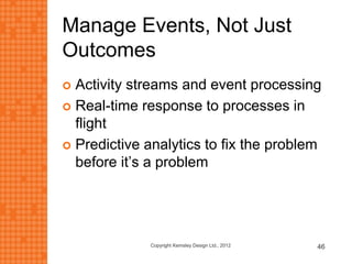 Manage Events, Not Just
Outcomes
 Activity streams and event processing
 Real-time response to processes in
flight
 Predictive analytics to fix the problem
before it’s a problem
46Copyright Kemsley Design Ltd., 2012
 