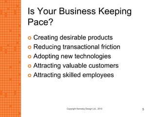 Is Your Business Keeping
Pace?
 Creating desirable products
 Reducing transactional friction
 Adopting new technologies
 Attracting valuable customers
 Attracting skilled employees
Copyright Kemsley Design Ltd., 2015 5
 