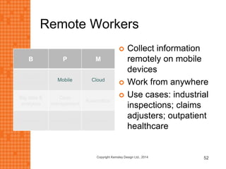 Remote Workers
B P M
Social
collaboration
Mobile Cloud
Big data &
analytics
Case
management
Automation
Decisions Events & IoT Prediction
 Collect information
remotely on mobile
devices
 Work from anywhere
 Use cases: industrial
inspections; claims
adjusters; outpatient
healthcare
Copyright Kemsley Design Ltd., 2014 52
 
