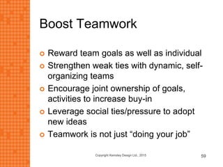 Boost Teamwork
 Reward team goals as well as individual
 Strengthen weak ties with dynamic, self-
organizing teams
 Encourage joint ownership of goals,
activities to increase buy-in
 Leverage social ties/pressure to adopt
new ideas
 Teamwork is not just “doing your job”
Copyright Kemsley Design Ltd., 2015 59
 