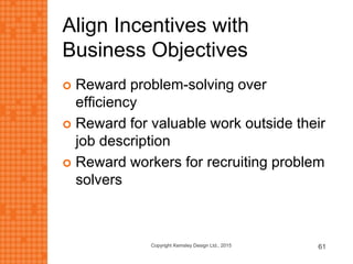 Align Incentives with
Business Objectives
 Reward problem-solving over
efficiency
 Reward for valuable work outside their
job description
 Reward workers for recruiting problem
solvers
Copyright Kemsley Design Ltd., 2015 61
 