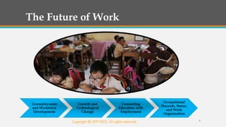 The Future of Work
Unemployment
and Workforce
Development
Growth and
Technological
Change
Connecting
Education with
Employment
Occupational
Hazards, Stress,
and Work
Organization
4
Copyright @ 2017 WCG All rights reserved.
 