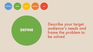 EMPATHIZE DEFINE IDEATE PROTOTYPE TEST
DEFINE
IDEATE PROTOTYPE TEST
Describe your target
audience’s needs and
frame the problem to
be solved
 