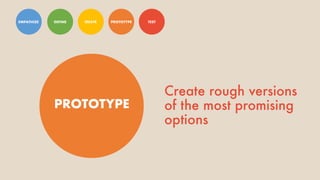 EMPATHIZE DEFINE IDEATE PROTOTYPE TEST
PROTOTYPE
TEST
Create rough versions
of the most promising
options
 