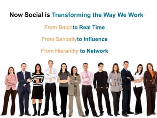Now Social is Transforming the Way We Work
           From Batchto Real Time

          From Seniorityto Influence

         From Hierarchy to Network




                           CC Evan Leeson http://www.flickr.com/photos/ecstaticist/1340787730/
 