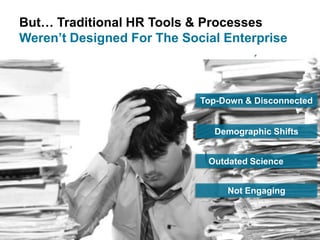 But… Traditional HR Tools & Processes
Weren’t Designed For The Social Enterprise



                            Top-Down & Disconnected


                              Demographic Shifts


                             Outdated Science


                                 Not Engaging
 