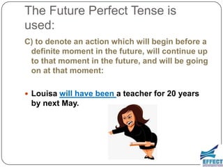The Future Perfect Tense is
used:
C) to denote an action which will begin before a
 definite moment in the future, will continue up
 to that moment in the future, and will be going
 on at that moment:

 Louisa will have been a teacher for 20 years
 by next May.
 