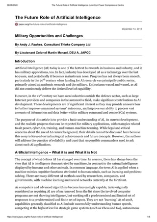 The Future Role of Artificial Intelligence - Military Opportunities and ...
