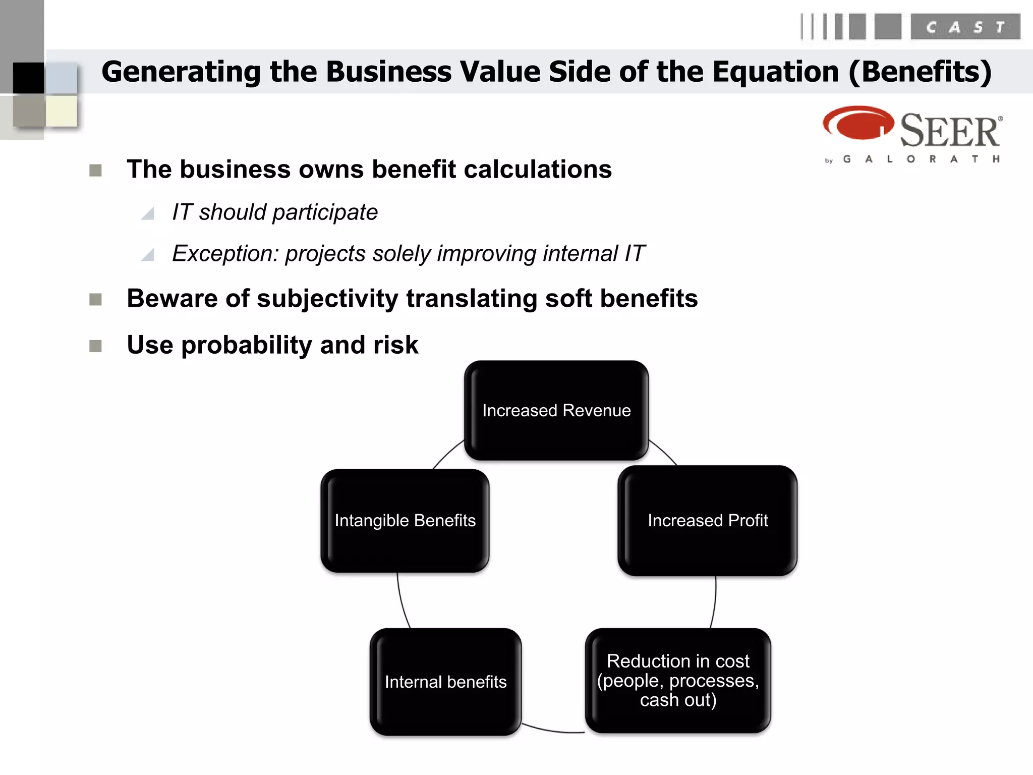 Generating the Business Value Side of the Equation (Benefits)


   The business owns benefit calculations
        IT should participate
        Exception: projects solely improving internal IT
   Beware of subjectivity translating soft benefits
   Use probability and risk

                                               Increased Revenue




                         Intangible Benefits                       Increased Profit




                                                             Reduction in cost
                                 Internal benefits          (people, processes,
                                                                 cash out)
 
