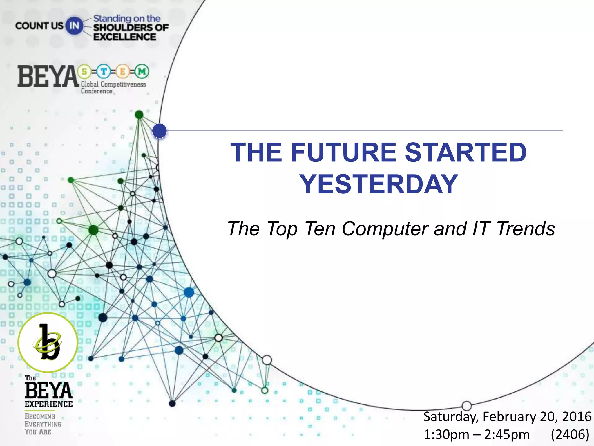 THE FUTURE STARTED
YESTERDAY
The Top Ten Computer and IT Trends
Saturday, February 20, 2016
1:30pm – 2:45pm (2406)
 
