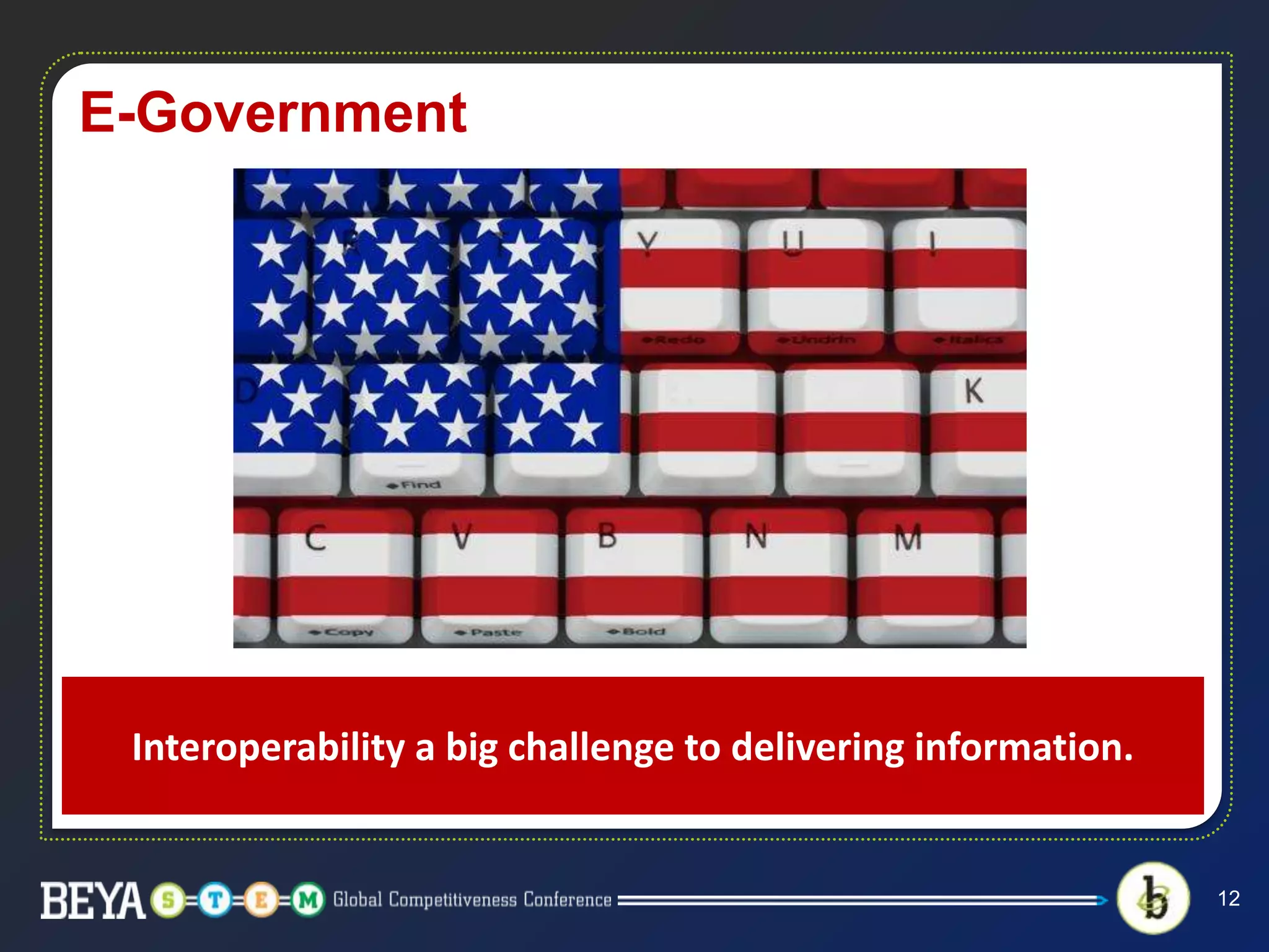 E-Government
12
Interoperability a big challenge to delivering information.
 