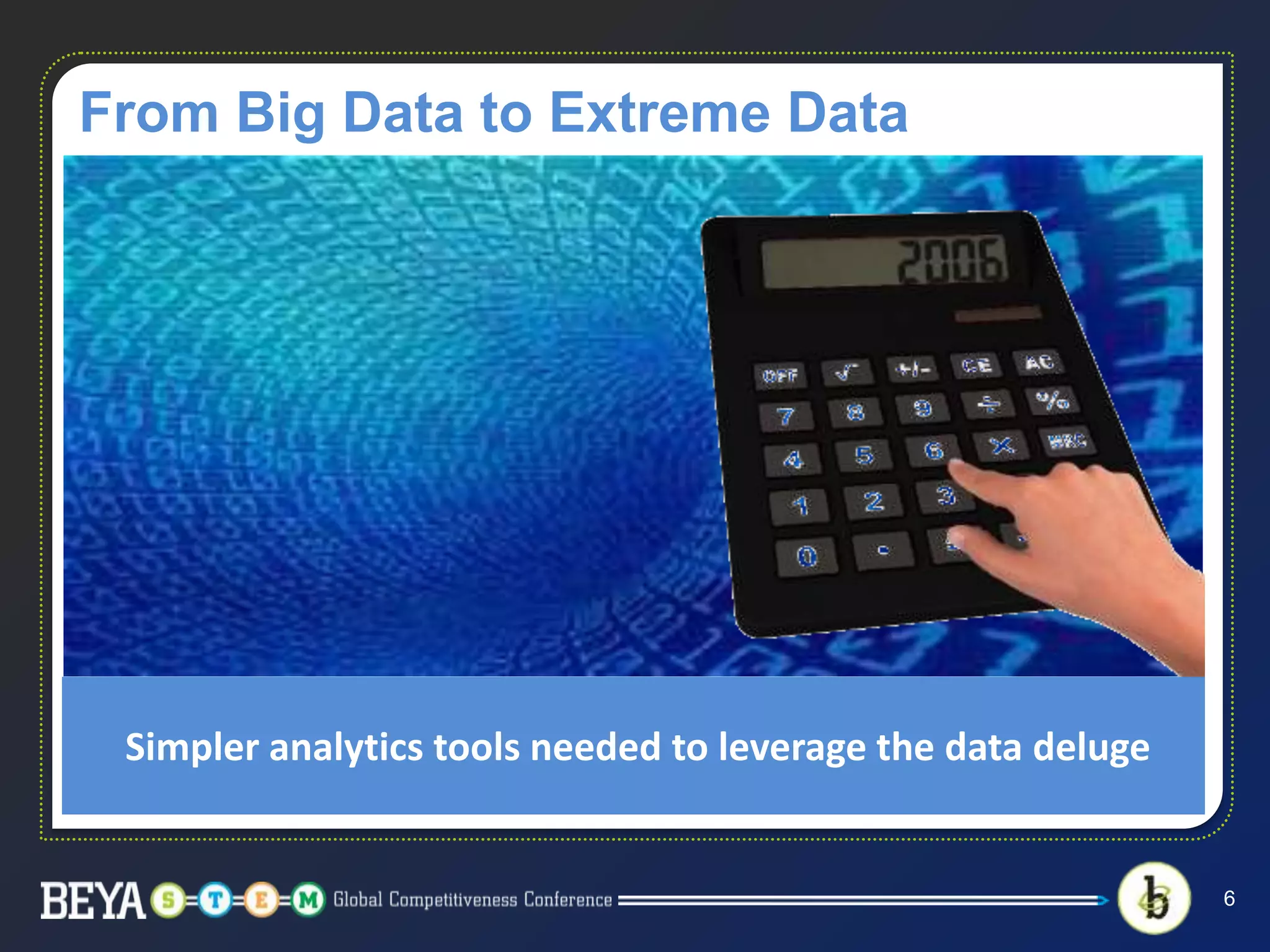 From Big Data to Extreme Data
6
Simpler analytics tools needed to leverage the data deluge
 