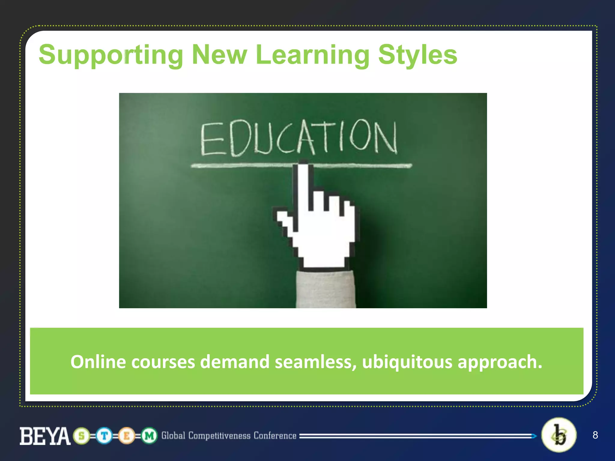 Supporting New Learning Styles
8
Online courses demand seamless, ubiquitous approach.
 