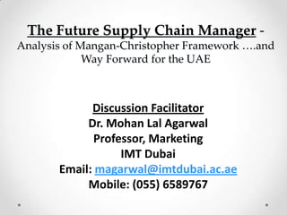 The Future Supply Chain Manager-Analysis of Mangan-Christopher Framework ….and Way Forward for the UAE Discussion Facilitator Dr. Mohan Lal Agarwal Professor, Marketing   IMT Dubai Email: magarwal@imtdubai.ac.ae Mobile: (055) 6589767 