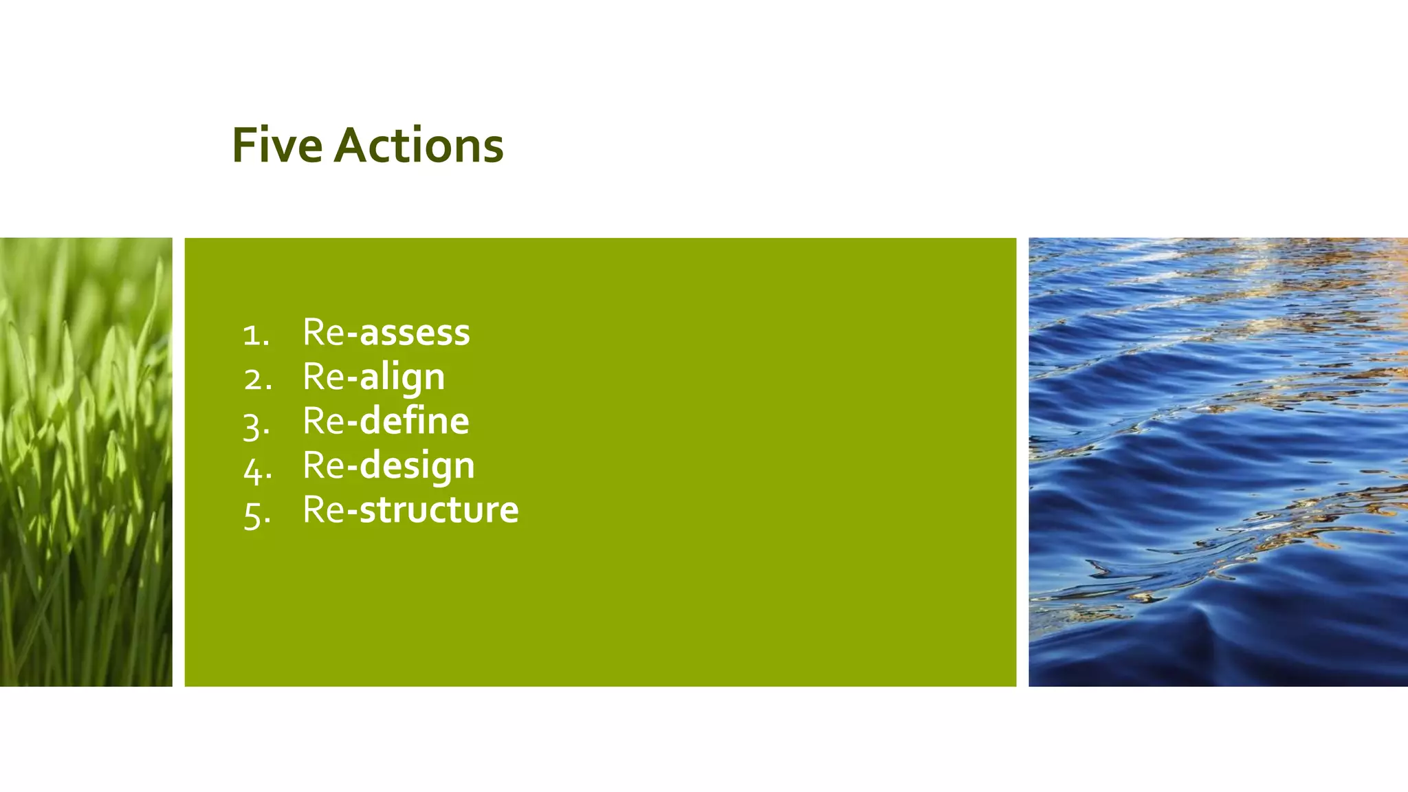Five Actions
1. Re-assess
2. Re-align
3. Re-define
4. Re-design
5. Re-structure
 