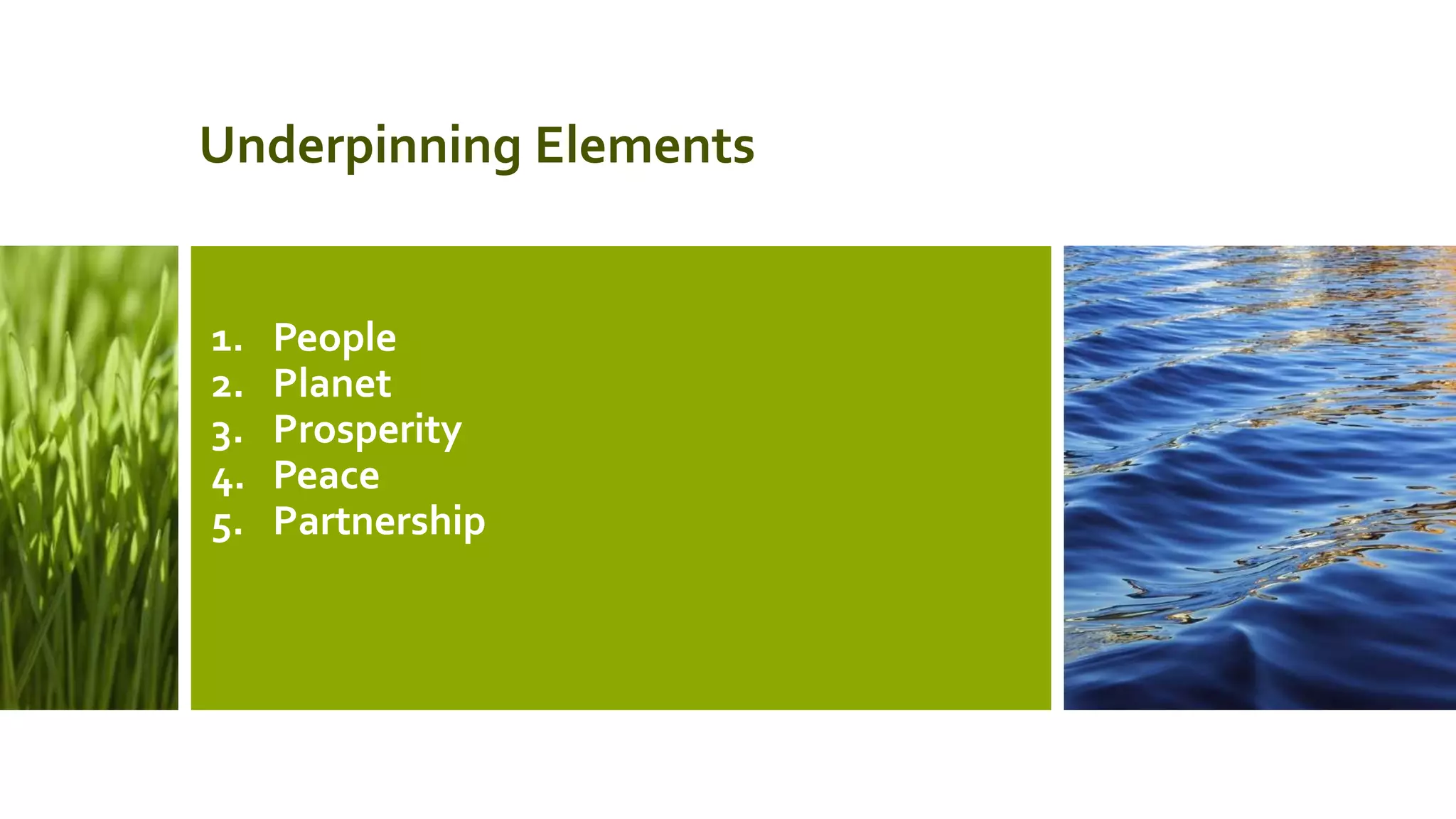 Underpinning Elements
1. People
2. Planet
3. Prosperity
4. Peace
5. Partnership
 