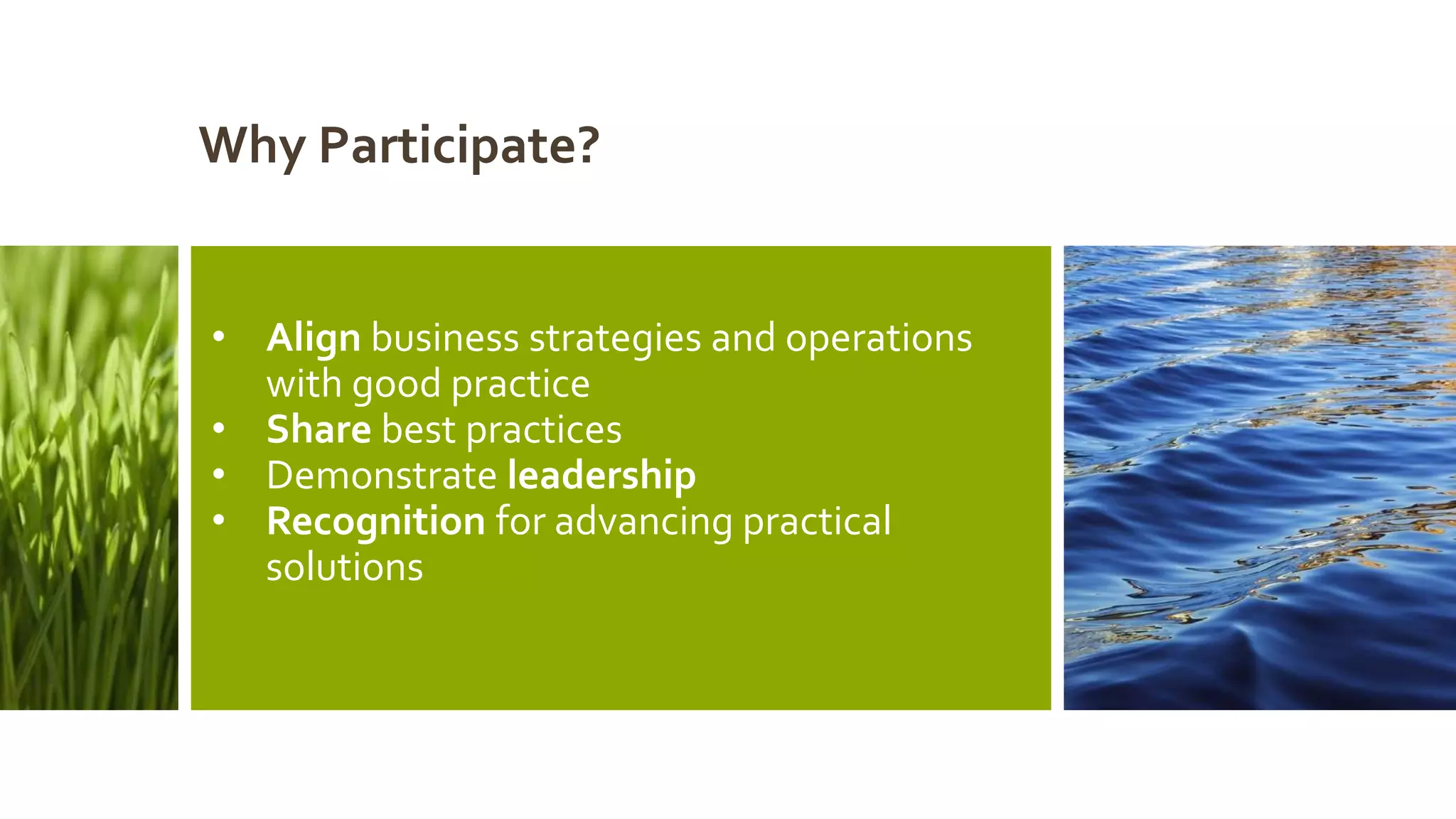 Why Participate?
• Align business strategies and operations
with good practice
• Share best practices
• Demonstrate leadership
• Recognition for advancing practical
solutions
 