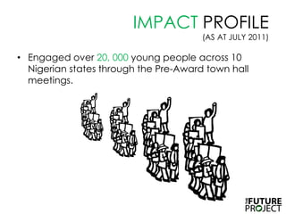 IMPACT PROFILE (AS AT JULY 2011)Engaged over 20, 000 young people across 10 Nigerian states through the Pre-Award town hall meetings.  