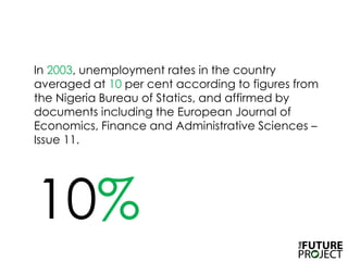 	In 2003, unemployment rates in the country averaged at 10 per cent according to figures from the Nigeria Bureau of Statics, and affirmed by documents including the European Journal of Economics, Finance and Administrative Sciences – Issue 11. 10%