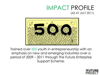 IMPACT PROFILE (AS AT JULY 2011),[object Object],	Trained over 500 youth in entrepreneurship with an emphasis on new and emerging industries over a period of 2009 – 2011 through The Future Enterprise Support Scheme. ,[object Object]