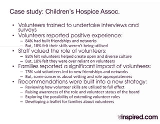 Case study: Children’s Hospice Assoc.

• Volunteers trained to undertake interviews and
  surveys
       y
• Volunteers reported positive experience:
   – 84% had built friendships and networks 
   – But, 18% felt their skills weren’t being utilised
     But, 18% felt their skills weren t being utilised
• Staff valued the role of volunteers:
   – 83% felt volunteers helped create open and diverse culture
   – But 18% felt they were over reliant on volunteers
     But, 18% felt they were over reliant on volunteers
• Families reported a significant impact of volunteers:
   – 73% said volunteers led to new friendships and networks
   – But some concerns about vetting and role appropriateness
     But, some concerns about vetting and role appropriateness
• Recommendations were built into a new strategy:
   –   Reviewing how volunteer skills are utilised to full effect
   –   Raising awareness of the role and volunteer status of the board
       Raising awareness of the role and volunteer status of the board
   –   Exploring the possibility of extending volunteer roles 
   –   Developing a leaflet for families about volunteers
 